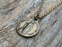 Antiqued Gold St Nicolas French Medallion Necklace, Antique Replica Saint Nicholas Medal, Patron Saint of Children, From France, Penin Karo