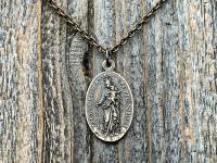 Bronze Saint Martin of Porres Medallion Pendant Necklace, Antique Replica, Oval 2-sided Martinus de Porres & Queen of the Holy Rosary Medal