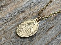 Gold Miraculous Medal Pendant Necklace, French Antique Replica Medallion, Signed by French Artist Ferdinand PY, Gold Bronze Our Lady Miracle