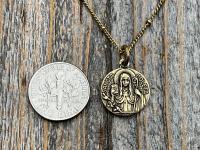 Fertility Saint Colette of Corbie Small Gold Antique Replica Medal and Necklace, By French Artists Penin & Karo, 2-sided Medallion Charm