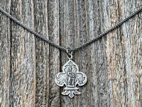 Sterling Silver St Anne Medallion Necklace, Fleur de Lis Pendant, Antique Replica Medal, Grandmother of Jesus, Patron Saint of Grandmothers