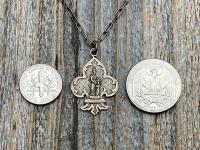 Bronze St Anne Medallion Necklace, Fleur de Lis Pendant, Antique Replica Medal, Patron Saint of Grandmothers, Mother’s Day Gift for Grandma