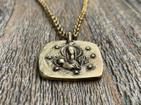 Antiqued Gold Mother Mary and Baby Jesus Medallion Necklace, Antique Replica of French Artist Elie Pellegrin Smaller Medal with Fleur de Lis