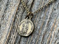 Antiqued Gold St Nicolas French Medallion Necklace, Antique Replica Saint Nicholas Medal, Patron Saint of Children, From France, Penin Karo