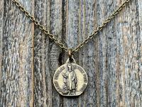 Antiqued Gold St Nicolas French Medallion Necklace, Antique Replica Saint Nicholas Medal, Patron Saint of Children, From France, Penin Karo