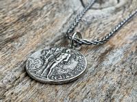 Saint Sebastian Sterling Silver Medal Necklace, Antique Replica, Patron Saint of Athletes & Soldiers Pendant, French St Sebastien Medallion