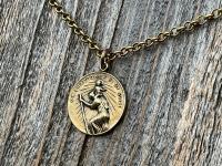 Antiqued Gold Archangel Raphael & St Christopher Medallion Necklace, Antique Replica Protection 2-sided Medal, Saint Healing, Saint Safety