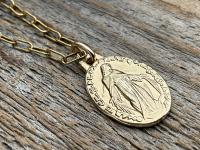 Gold Miraculous Medal Pendant Necklace, French Antique Replica Medallion, Signed by French Artist Ferdinand PY, Gold Bronze Our Lady Miracle