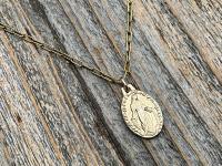 Gold Miraculous Medal Pendant Necklace, French Antique Replica Medallion, Signed by French Artist Ferdinand PY, Gold Bronze Our Lady Miracle