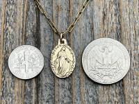 Gold Miraculous Medal Pendant Necklace, French Antique Replica Medallion, Signed by French Artist Ferdinand PY, Gold Bronze Our Lady Miracle