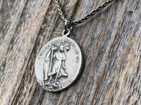 Sterling Silver Archangel Raphael & St Christopher Medallion Necklace, Antique Replica Protection 2-sided Medal, Saint Healing, Saint Safety