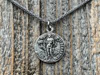 Saint Sebastian Sterling Silver Medal Necklace, Antique Replica, Patron Saint of Athletes & Soldiers Pendant, French St Sebastien Medallion