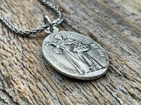 Sterling Silver Saint Martin of Porres Medallion Necklace, Antique Replica, Oval 2-sided Martinus de Porres & Queen of the Holy Rosary Medal