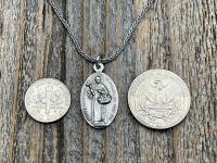 Sterling Silver Saint Martin of Porres Medallion Necklace, Antique Replica, Oval 2-sided Martinus de Porres & Queen of the Holy Rosary Medal