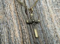 Antiqued Gold Cross Pendant & Necklace, Antique Replica of Rare European Rose Cross, Reproduction of Art Deco Circa 1930 Cross with Roses