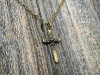 Antiqued Gold Cross Pendant & Necklace, Antique Replica of Rare European Rose Cross, Reproduction of Art Deco Circa 1930 Cross with Roses