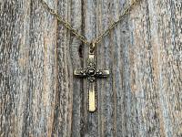 Antiqued Gold Cross Pendant & Necklace, Antique Replica of Rare European Rose Cross, Reproduction of Art Deco Circa 1930 Cross with Roses