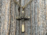 Antiqued Gold Cross Pendant & Necklace, Antique Replica of Rare European Rose Cross, Reproduction of Art Deco Circa 1930 Cross with Roses