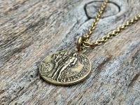 Antiqued Gold Saint Sebastian Medal Necklace, Patron Saint Athletes Soldiers, Antique Replica of Rare French St Sebastien Medallion Pendant