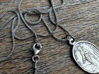 Sterling Silver St Agatha & St Lucia Medal Pendant Necklace, Antique Replica of French Medal with Latin Wording, Rare and Old Medallion Lucy