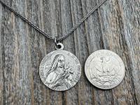 Sterling Silver Rare St Thérèse of Lisieux Medal Necklace, French Antique Replica Sancta Teresia St Theresa of the Child Jesus Little Flower