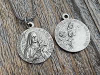 Sterling Silver Rare St Thérèse of Lisieux Medal Necklace, French Antique Replica Sancta Teresia St Theresa of the Child Jesus Little Flower