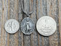 Sterling Silver Oval French Miraculous Medal Pendant, Antique Replica of Rare Adolph Penin Signed Miraculous Medallion from France, Antiqued