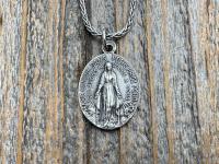 Sterling Silver Oval French Miraculous Medal Pendant, Antique Replica of Rare Adolph Penin Signed Miraculous Medallion from France, Antiqued