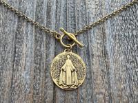 Antiqued Gold Large Miraculous Medal Front Toggle Clasp Necklace, Antique Reproduction Pendant, Signed by Balme, Medallion from France MM1