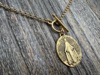 Antiqued Gold Large Miraculous Medal Front Toggle Clasp Necklace, Antique Reproduction Pendant, Signed by Balme, Medallion from France MM1