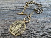 Antiqued Gold Large Miraculous Medal Front Toggle Clasp Necklace, Antique Reproduction Pendant, Signed by Balme, Medallion from France MM1