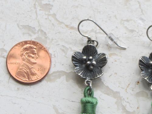 Sterling Silver Flower with Tassels Earrings, Hot Pink or Green Silky Fringe, Eye Catching, Lightweight, French Hooks, Nylon Dangling Tassel