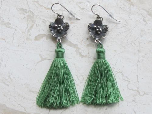 Sterling Silver Flower with Tassels Earrings, Hot Pink or Green Silky Fringe, Eye Catching, Lightweight, French Hooks, Nylon Dangling Tassel