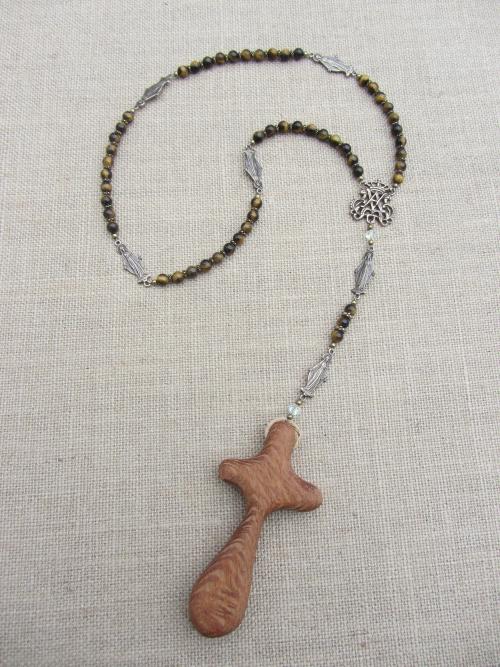 Comfort Cross Rosary, Australian Lacewood Palm Cross, Yellow Tigereye Gemstones, Ave Maria Bronze Center, Bronze Miraculous Medal Mary Beads