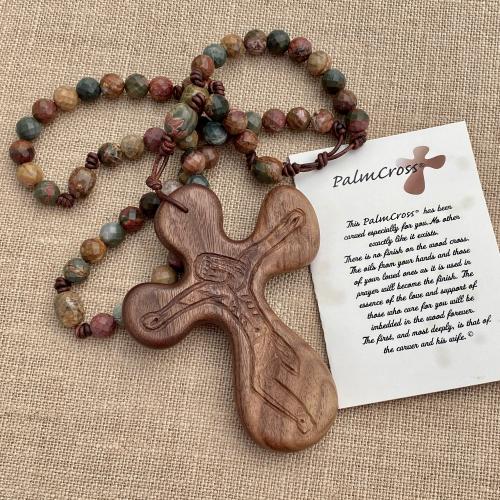 Large Rosary, Walnut hand-carved Crucifix, Red Cherry Creek Jasper Gemstones, Wall Rosary, Palm Comfort Cross, Original ByRon Palm Cross