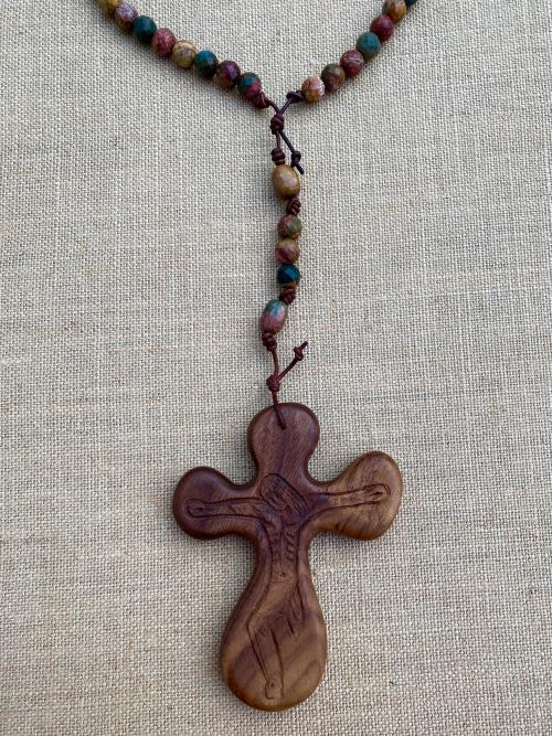 Large Rosary, Walnut hand-carved Crucifix, Red Cherry Creek Jasper Gemstones, Wall Rosary, Palm Comfort Cross, Original ByRon Palm Cross