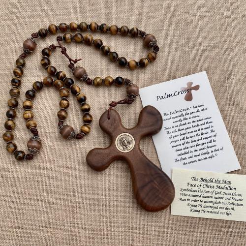 Walnut ByRon PalmCross with Face of Christ Medallion Bronze Antique Replica & Yellow Tigereye Gemstone Rosary Palm Comfort Cross Wall Rosary