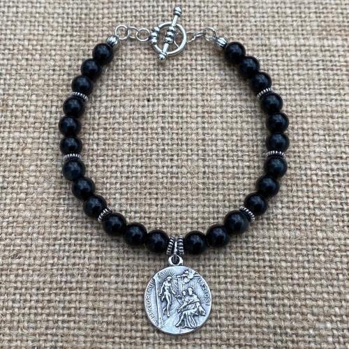 Sterling Silver St. Peregrine Laziosi Medal Charm, Black Obsidian Gemstone Bracelet, Patron Saint of Cancer, Saint Pellegrino St. Peregrinus