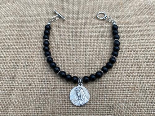 Sterling Silver St. Peregrine Laziosi Medal Charm, Black Obsidian Gemstone Bracelet, Patron Saint of Cancer, Saint Pellegrino St. Peregrinus