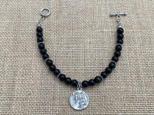 Sterling Silver St. Peregrine Laziosi Medal Charm, Black Obsidian Gemstone Bracelet, Patron Saint of Cancer, Saint Pellegrino St. Peregrinus