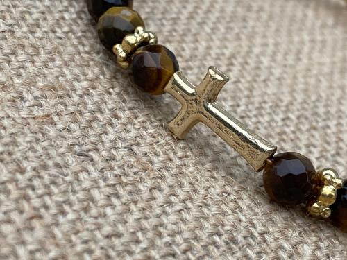 Faceted Yellow Tigereye Gemstone Bracelet with a Sideways Antique Replica Gold Cross and Beads Gold Bronze 7 and 1/4 inch long Toggle Clasp