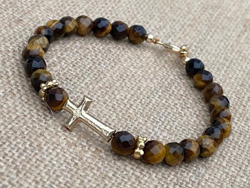 Faceted Yellow Tigereye Gemstone Bracelet with a Sideways Antique Replica Gold Cross and Beads Gold Bronze 7 and 1/4 inch long Toggle Clasp