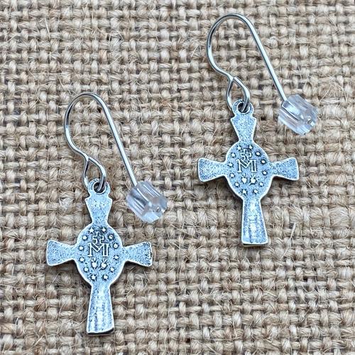 Sterling Silver Miraculous Medal Cross Earrings, Antique Replicas, French Hooks, Dangling Cross Earrings, Blessed Virgin Mary, Mother of God