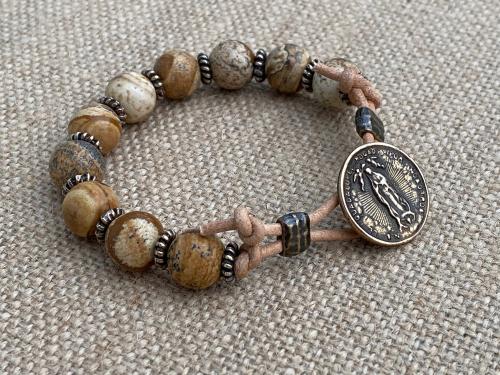 Bronze Our Lady of Guadalupe Bracelet, Leather Rosary Bracelet, Picture Jasper Gemstones, Antique Replica Medal, Nuestra Señora de Guadalupe