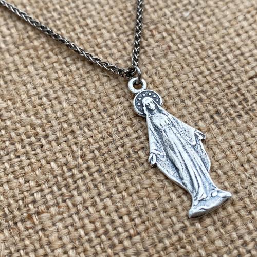 Sterling Silver Miraculous Medal Pendant Necklace, Antique Replica, Figural Blessed Virgin Mary Pendant, Our Lady of the Miracle Miracles