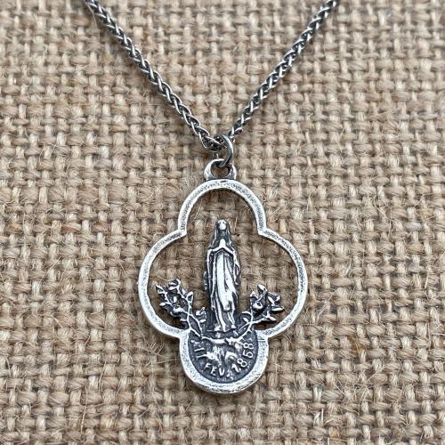 Sterling Silver Our Lady of Lourdes Pendant, Antique Replica Medal, Necklace, Immaculate Conception, Notre Dame, St Bernadette French France