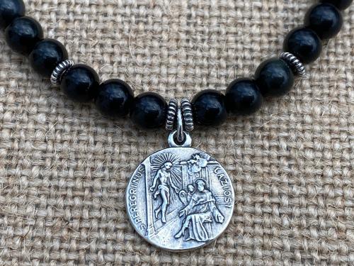 Sterling Silver St. Peregrine Laziosi Medal Charm, Black Obsidian Gemstone Bracelet, Patron Saint of Cancer, Saint Pellegrino St. Peregrinus