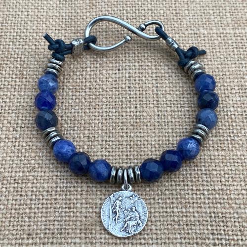 Sterling Silver St. Peregrine Laziosi Medal on a Sodalite Gemstone Bracelet - Patron Saint of Cancer Patients - Saint Pellegrino Peregrinus