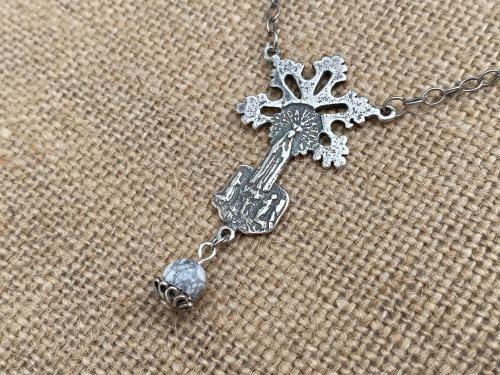 Sterling Silver Our Lady of Fatima Pendant Necklace, Antique Replica, Dangling White Howlite Gemstone, Blessed Virgin Mary Medal, Artisan