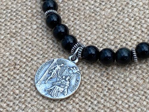 Sterling Silver St. Peregrine Laziosi Medal Charm, Black Obsidian Gemstone Bracelet, Patron Saint of Cancer, Saint Pellegrino St. Peregrinus